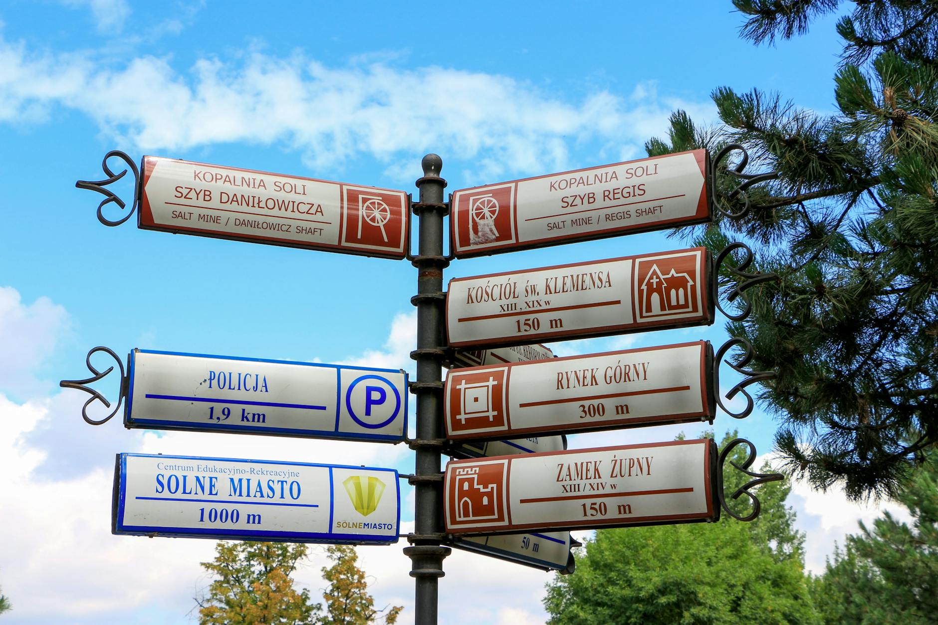 Mapa powiatu suskiego z zaznaczonymi gminami i ikonami symbolizującymi rynek pracy i zatrudnienie